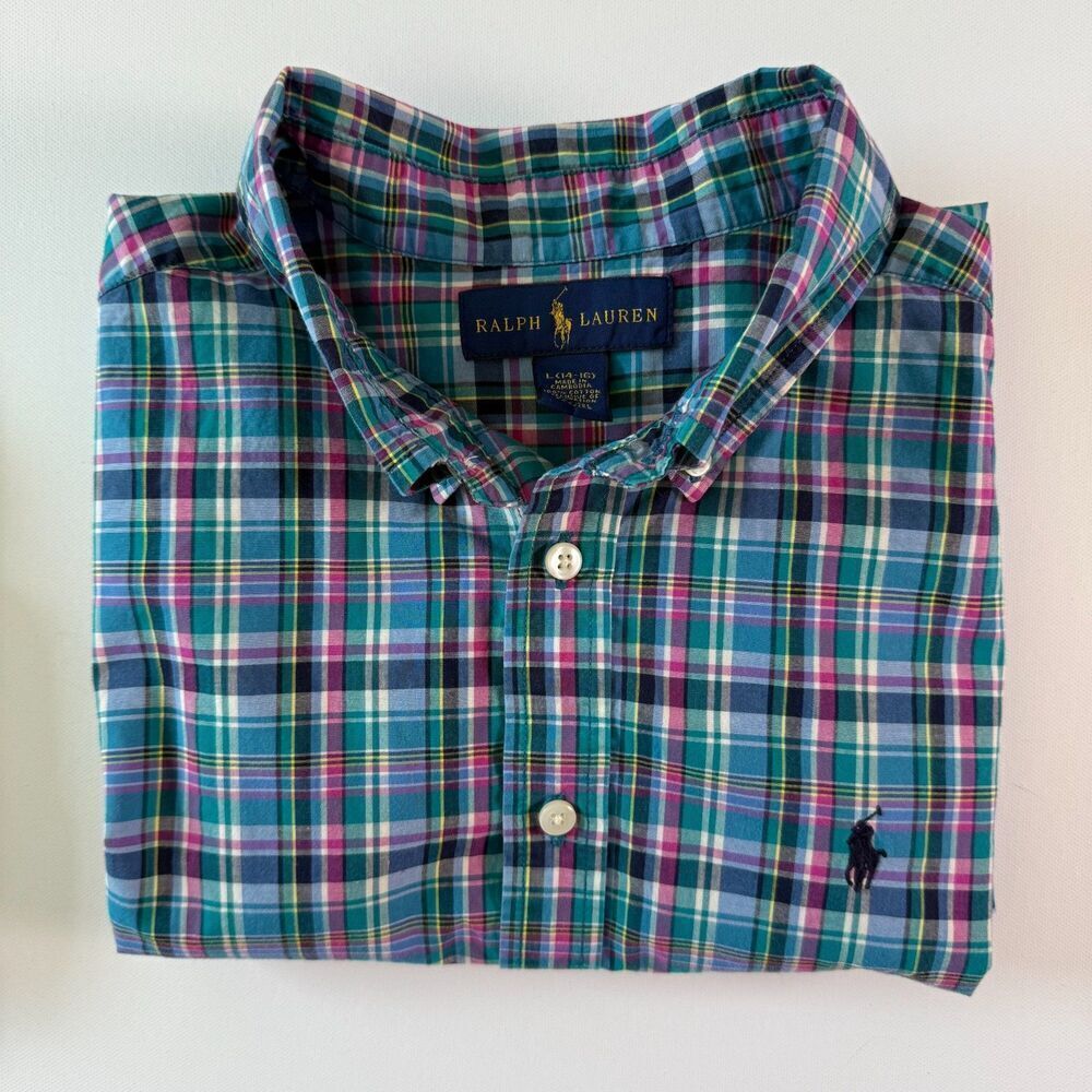 Ralph Lauren BOYS Long Sleeve Button Down Sz. L (14-16) Plaid Blue Pink Green - Picture 11 of 12